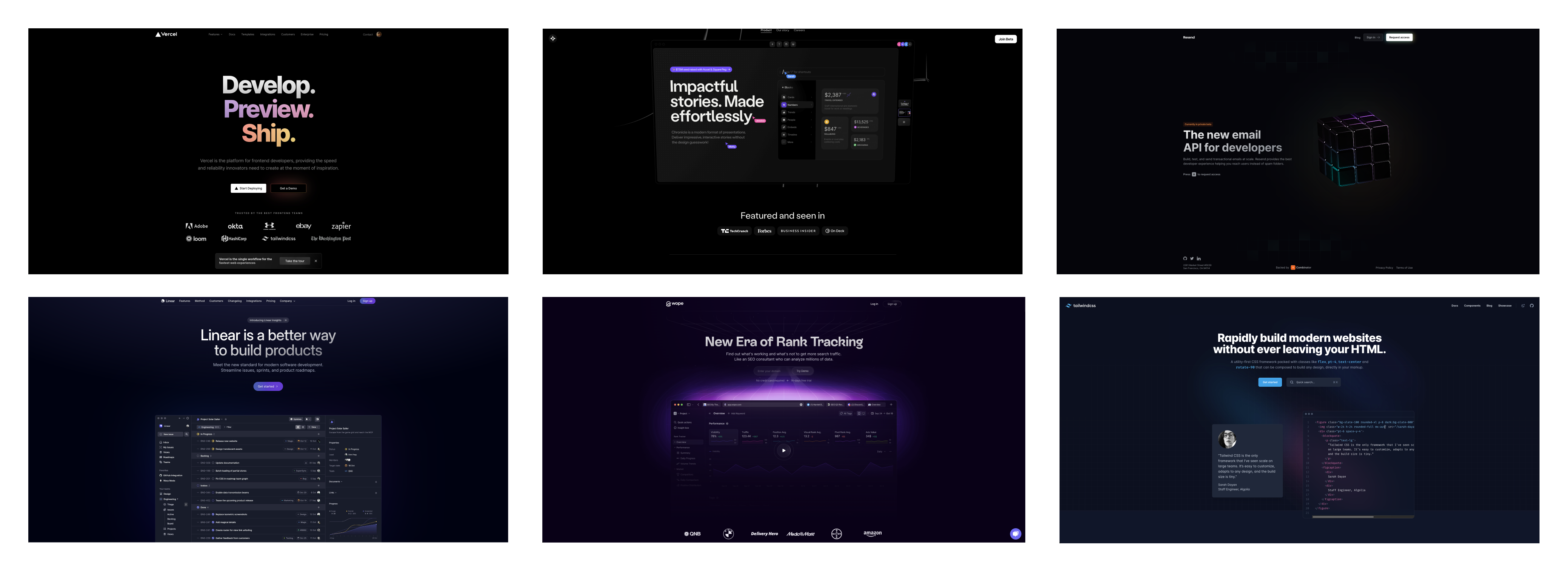 Example tech websites displayed on a 3x2 grid